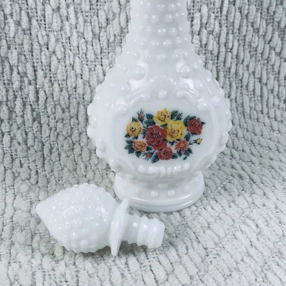 Vintage Hobnail Milk Glass Avon Cologne Bottle Decanter White Floral Flowers EUC